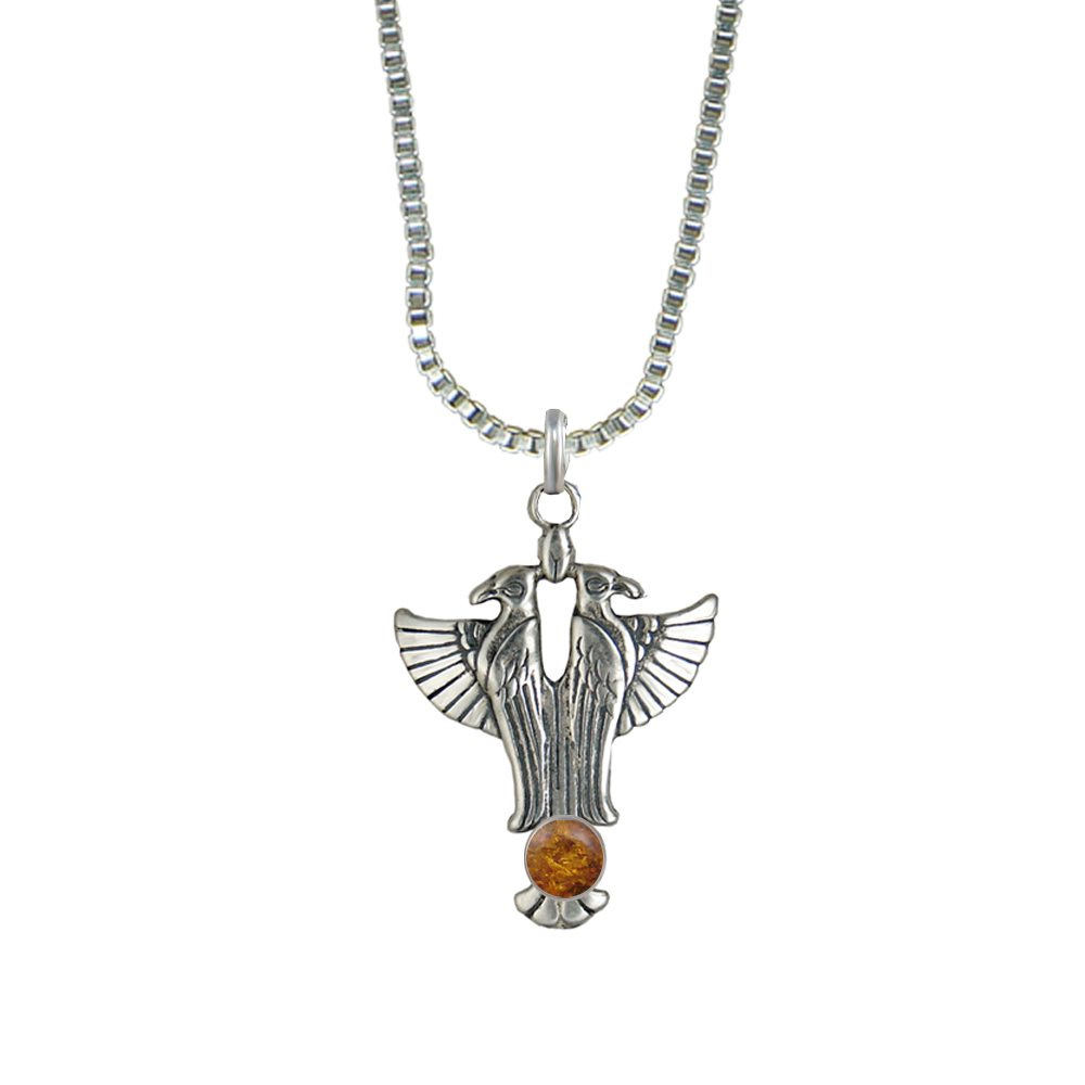 Sterling Silver Sacred Egyptian Falcon Pendant With Amber